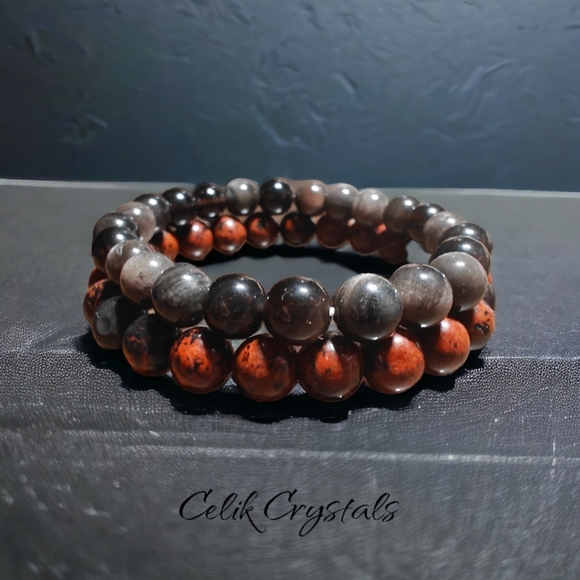 Mahogany & Silver Obsidian Bracelet Stack 2 Pieces 8mm Natural Stones Unisex - Picture 3 of 5
